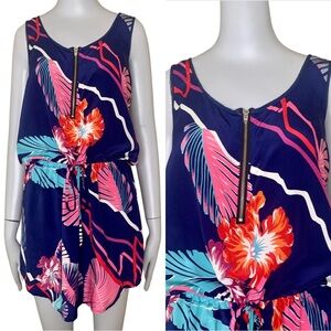 YUMI KIM 100% Silk Tropical Print Sleeveless Dress Drawstring Waist Zip Front